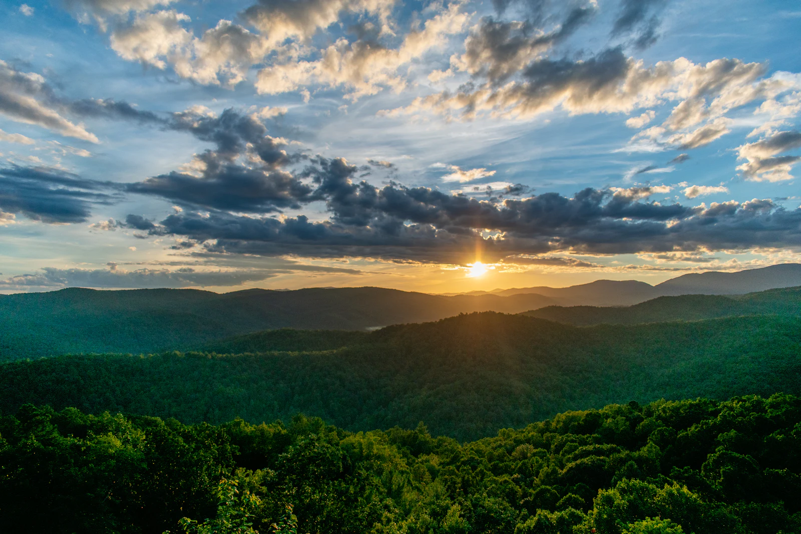 Virginia's Blue Ridge and Shenandoah ridgelines forested at golden sunset