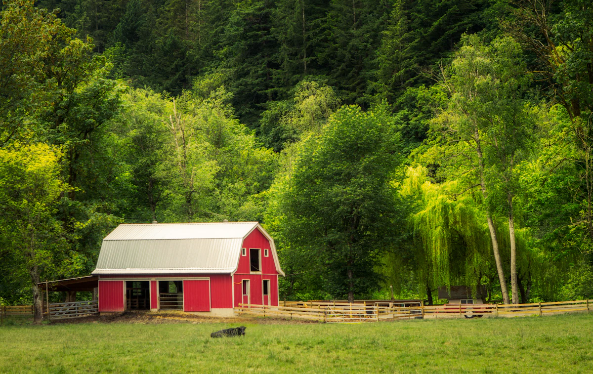 A classic red barn in a green farm field
