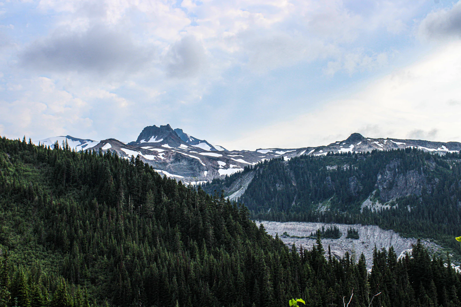 Snow-streaked Rocky Mountain peaks above a pine-forested valley