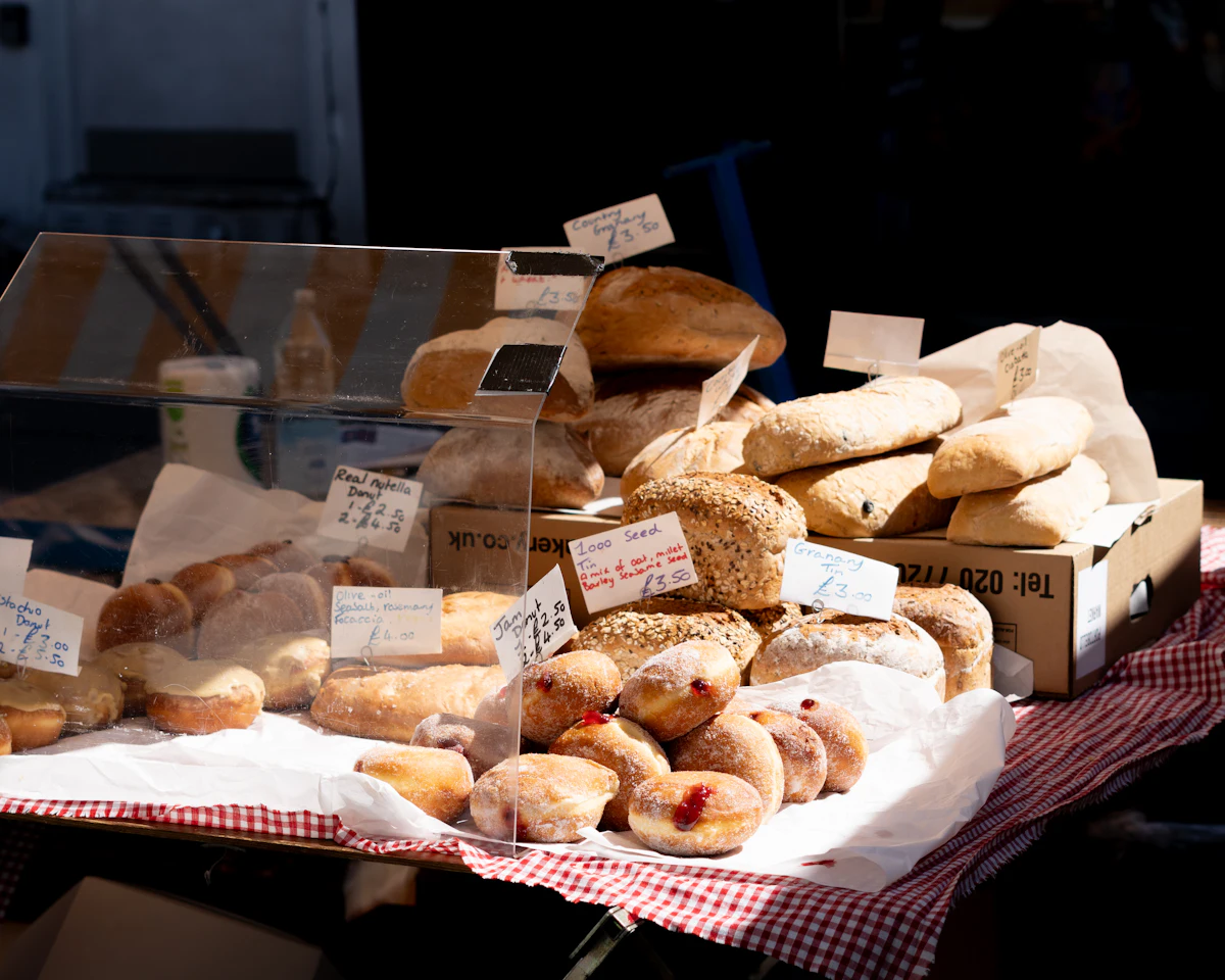 Baked goods displayed at a market stall