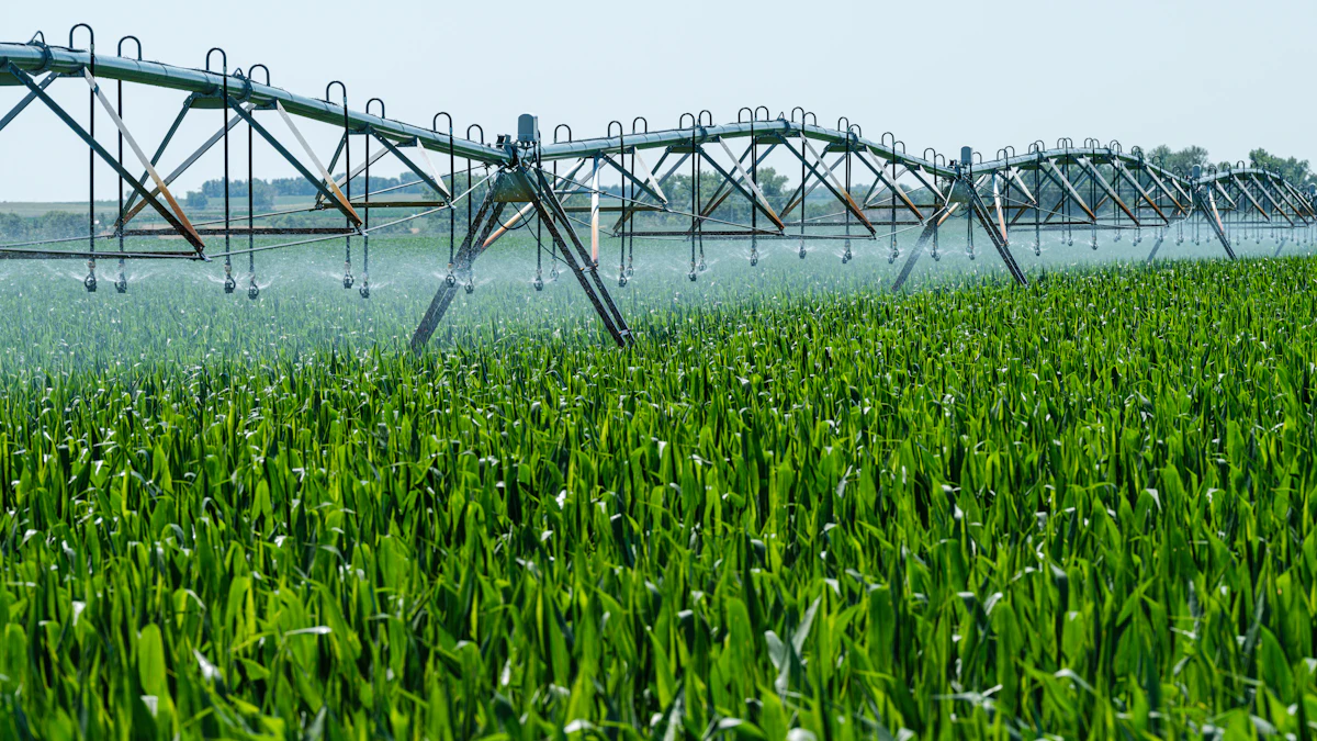 An irrigation system watering a green crop field
